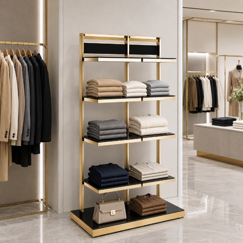 black and gold clothing display rack in store