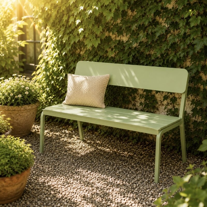 sage green metal garden bench with cushion in outdoor garden