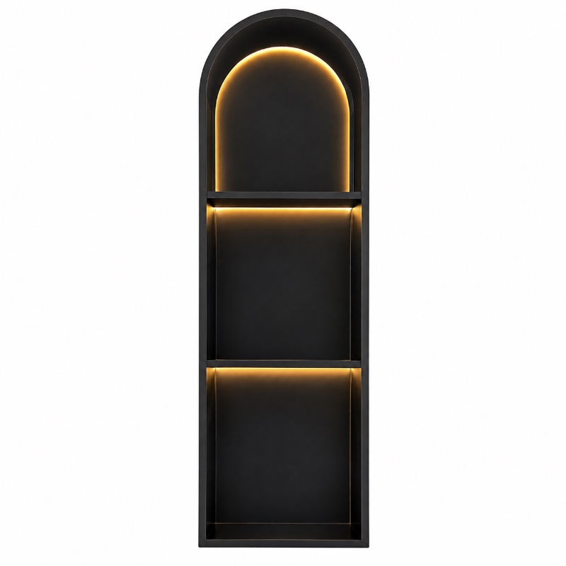 Black stainless steel arched wall niche with LED lighting